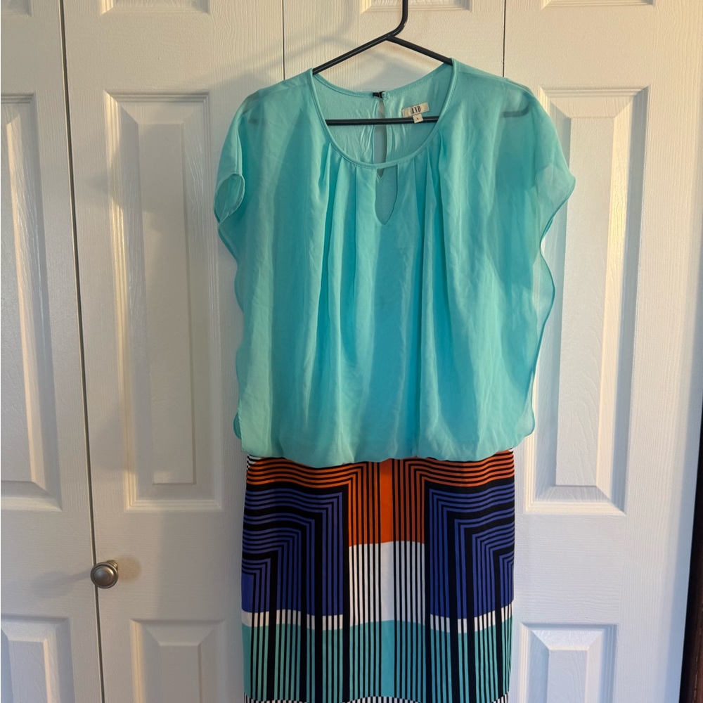 Source Unknown Aqua and Multicolor Midi Dress - image 1